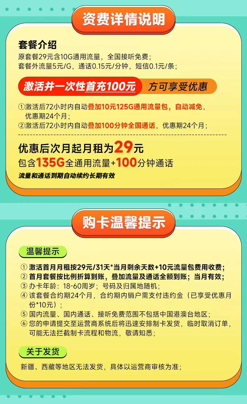 联通T1卡29元135G通话+100分钟  第2张