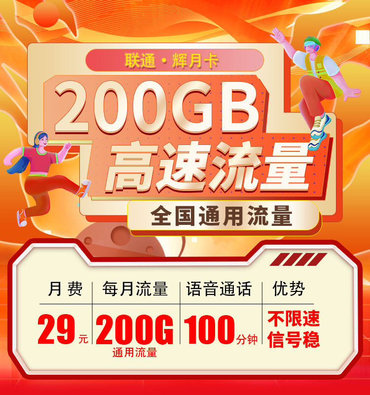 联通辉月卡29元200G+100分钟  第1张
