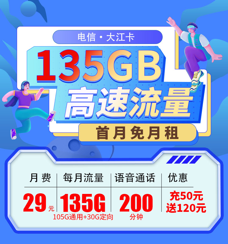 电信大江卡29元135G+200分钟  第1张