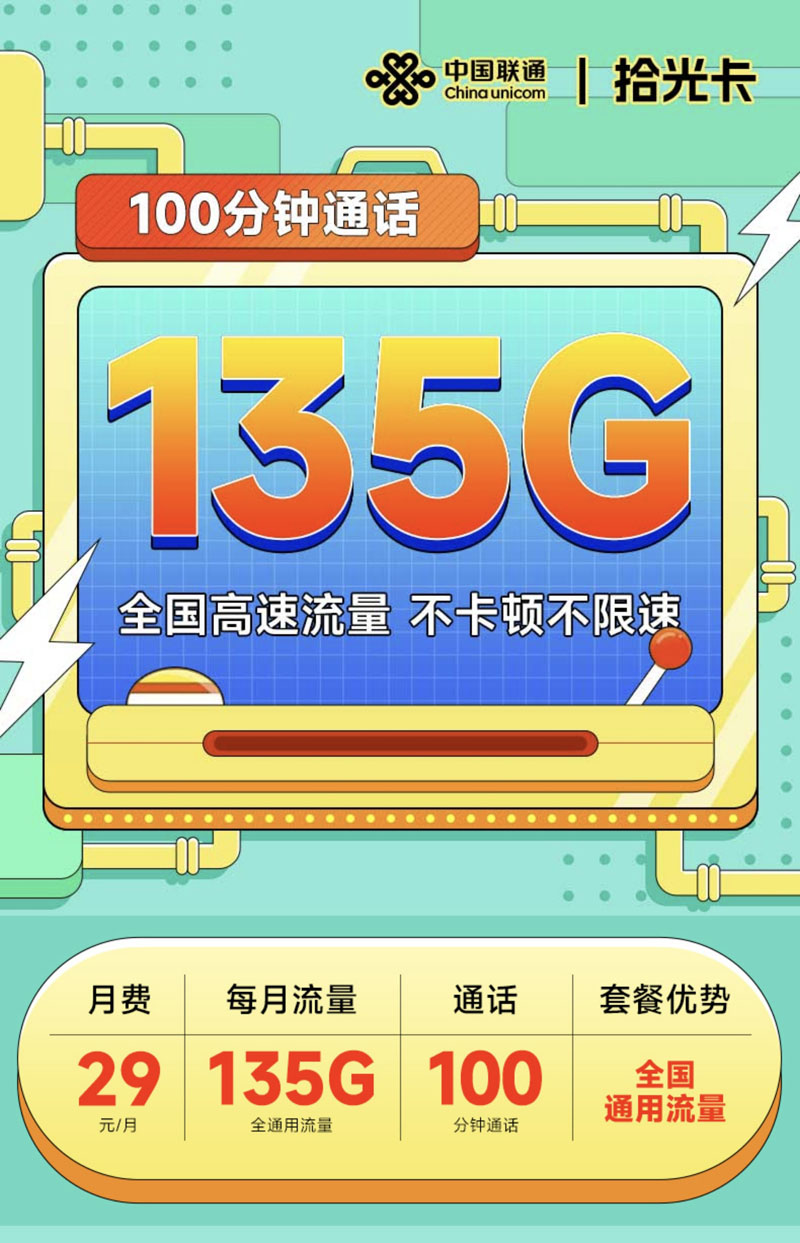 联通拾光卡29元135G+100分钟+可选号  第1张
