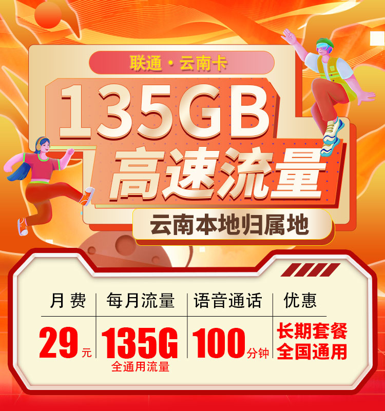 联通云南卡29元135G+100分钟  第1张