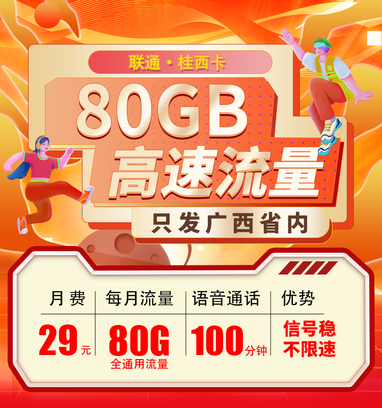 联通桂西卡29元80G+100分钟  第1张