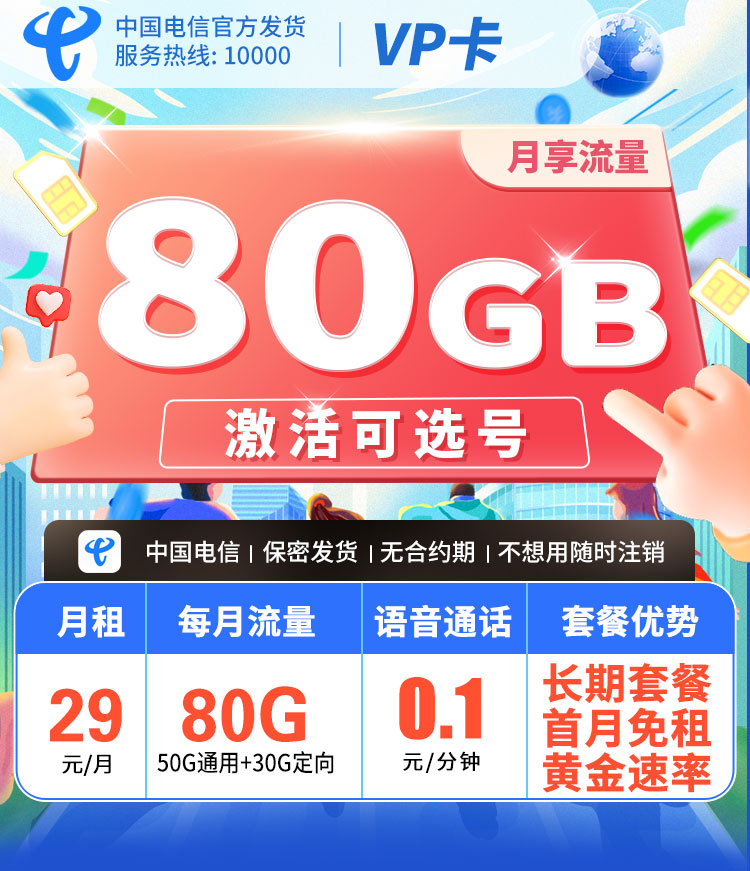 电信VP卡29元80G+5G黄金速率+自选号码  第1张