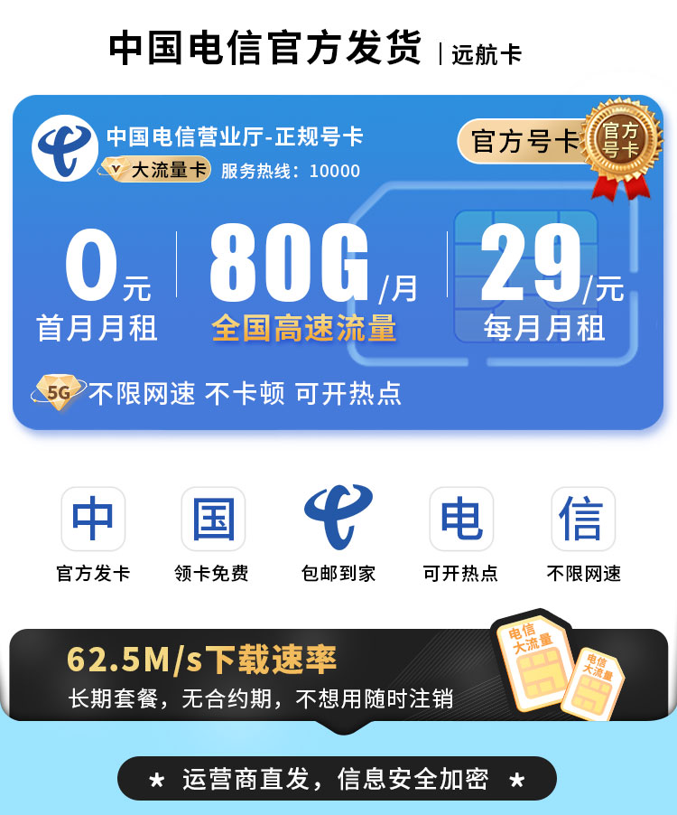 电信远航卡29元80G+可选号  第1张