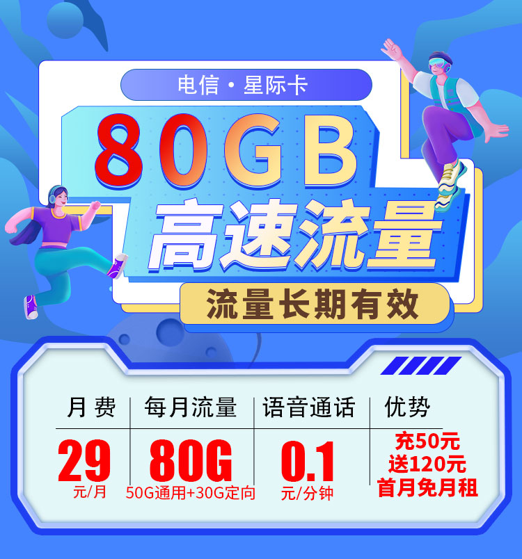 电信星际卡29元80G全国流量首月免租  第1张