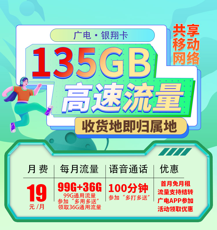 广电银翔卡19元135G通用流量+100分钟+可选号  第1张