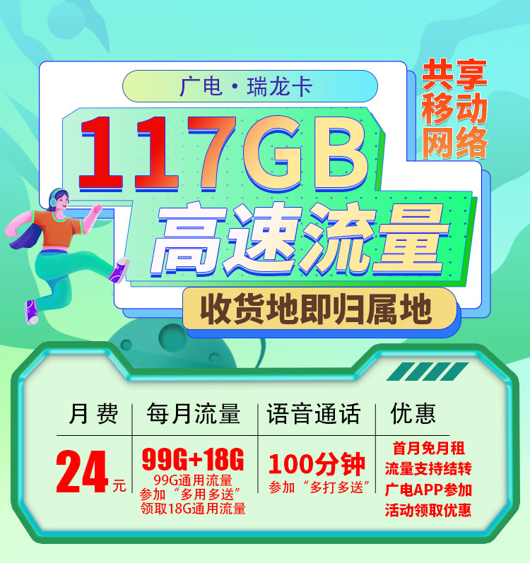 广电瑞龙卡可选号24元117G通用流量+100分钟  第1张
