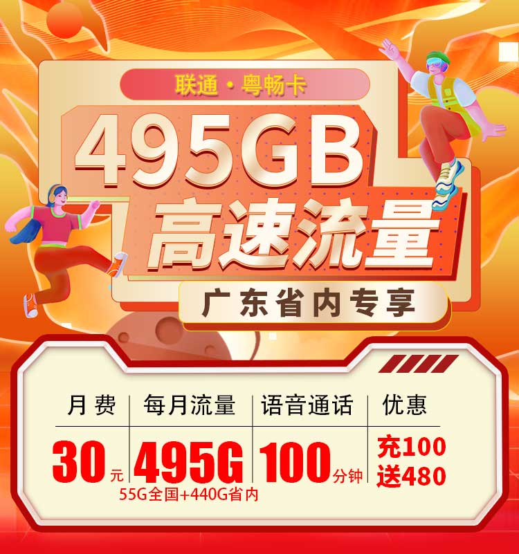卡世界官方发布：联通粤畅卡30元495G+100分钟  第1张