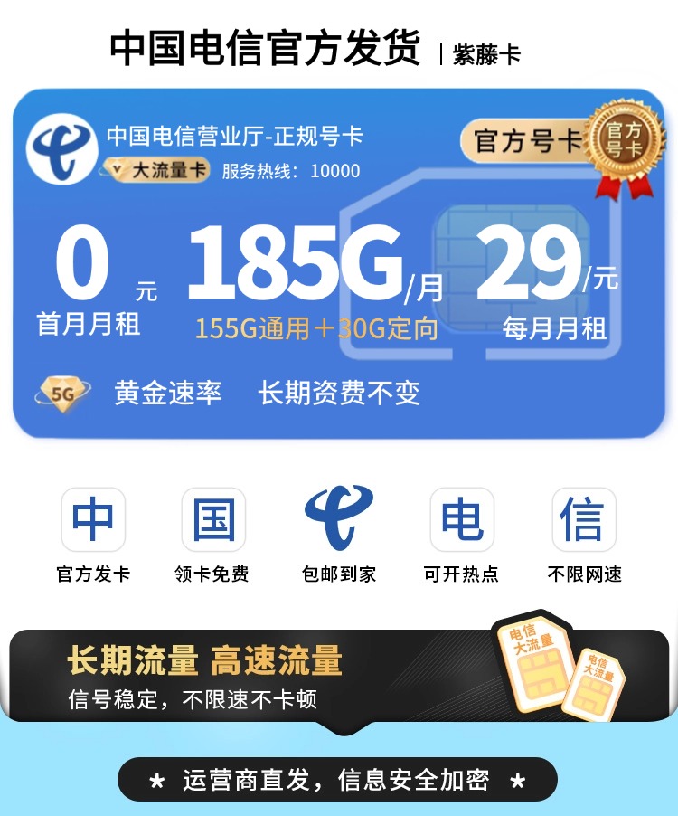 卡世界推荐：电信紫藤卡29元185G+长期套餐  第1张