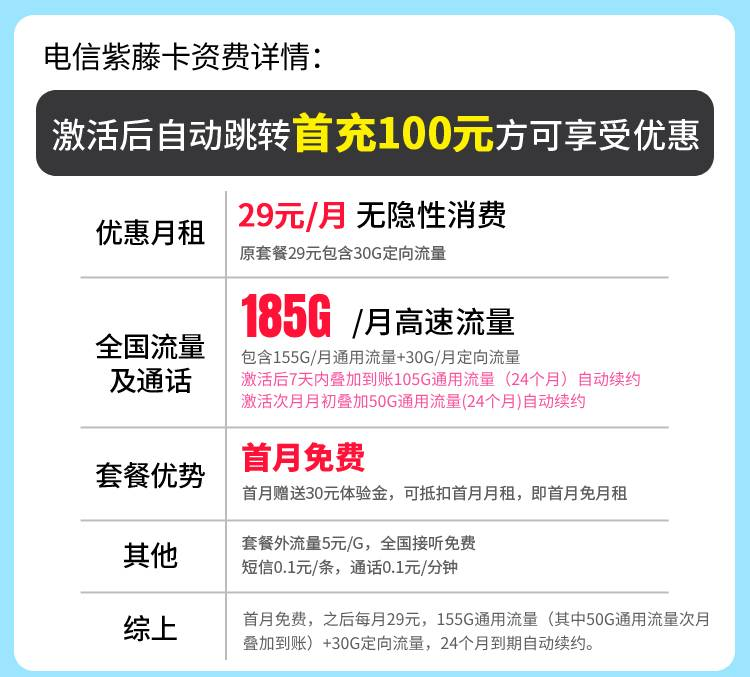 卡世界推荐：电信紫藤卡29元185G+长期套餐  第2张