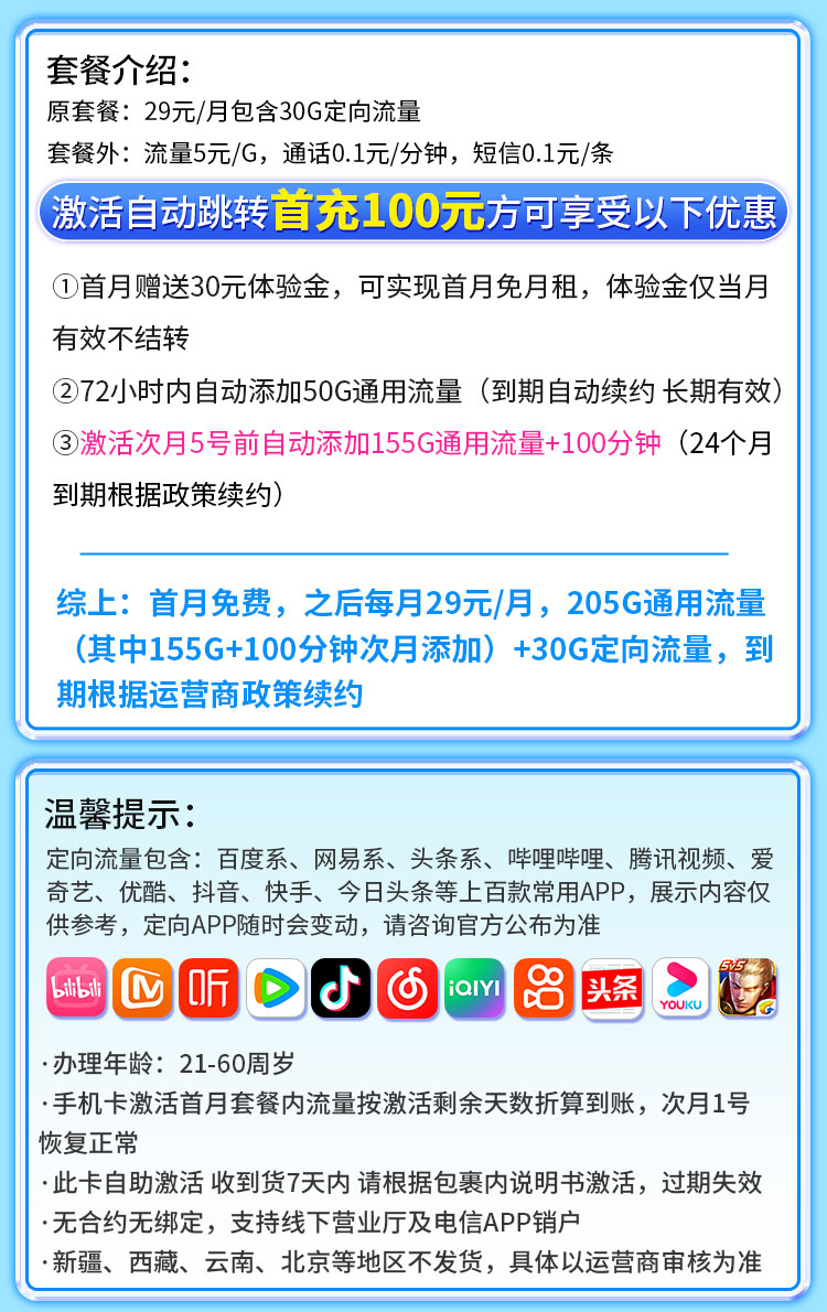 卡世界推荐：电信时空卡29元235G+100分钟  第2张