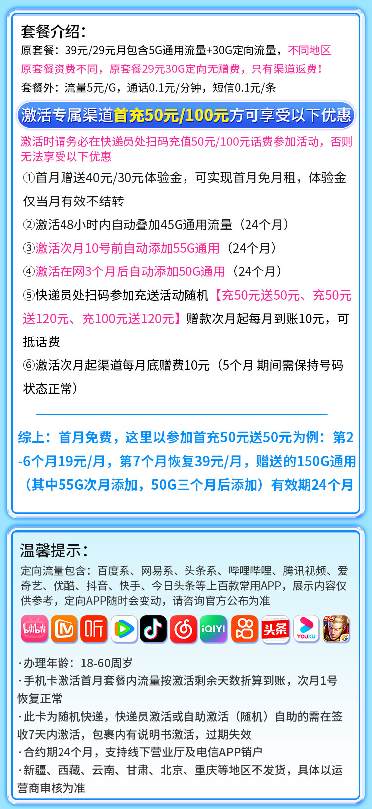 卡世界推荐：电信百花卡19元185G流量  第2张