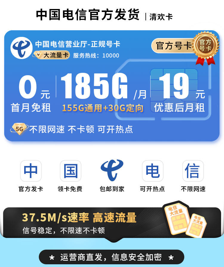 卡世界推荐：电信清欢卡19元185G流量  第1张
