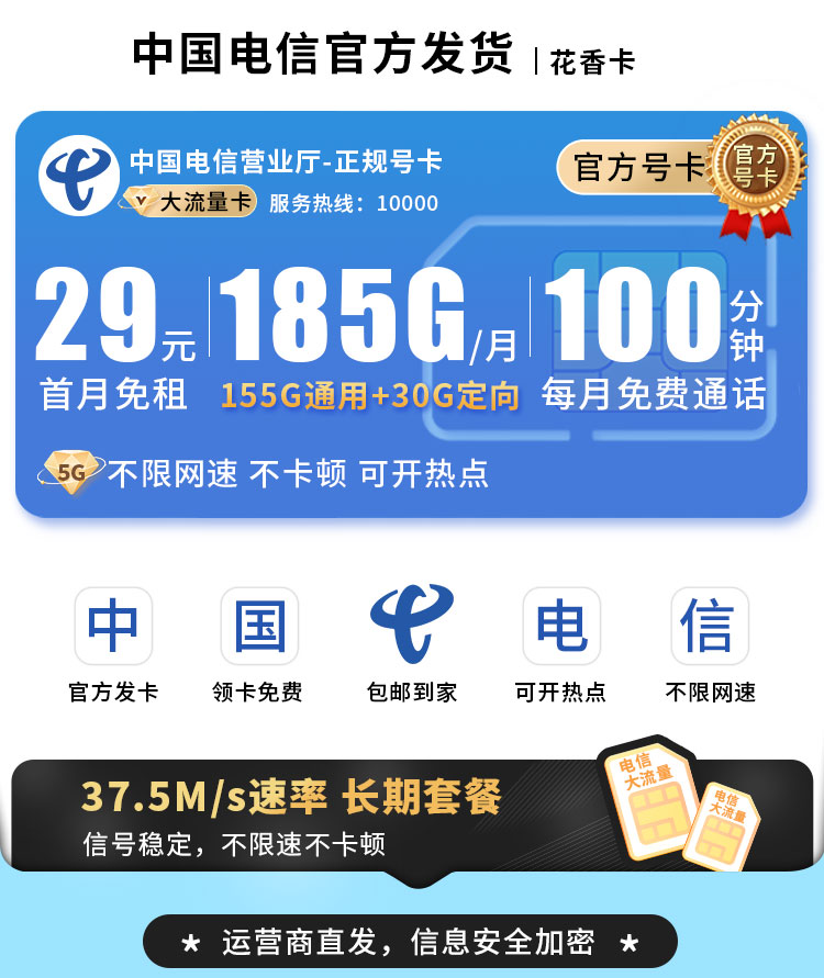 卡世界推荐：电信花香卡29元185G+100分钟+长期套餐  第1张