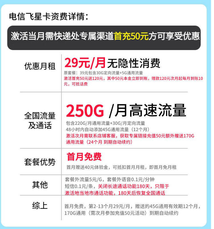 卡世界推荐：电信飞星卡29元250G流量  第2张