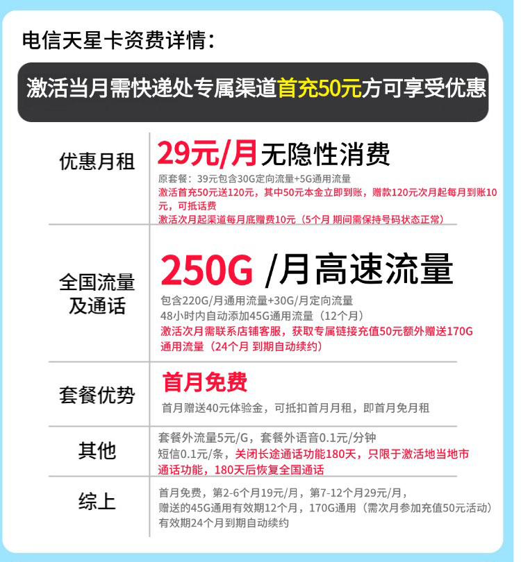 卡世界推荐：电信天星卡19元250G流量  第2张