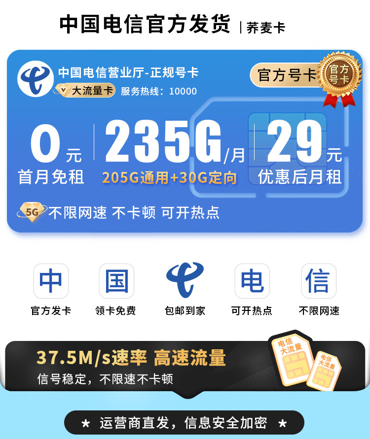 卡世界推荐：电信荞麦卡29元235G流量  第1张