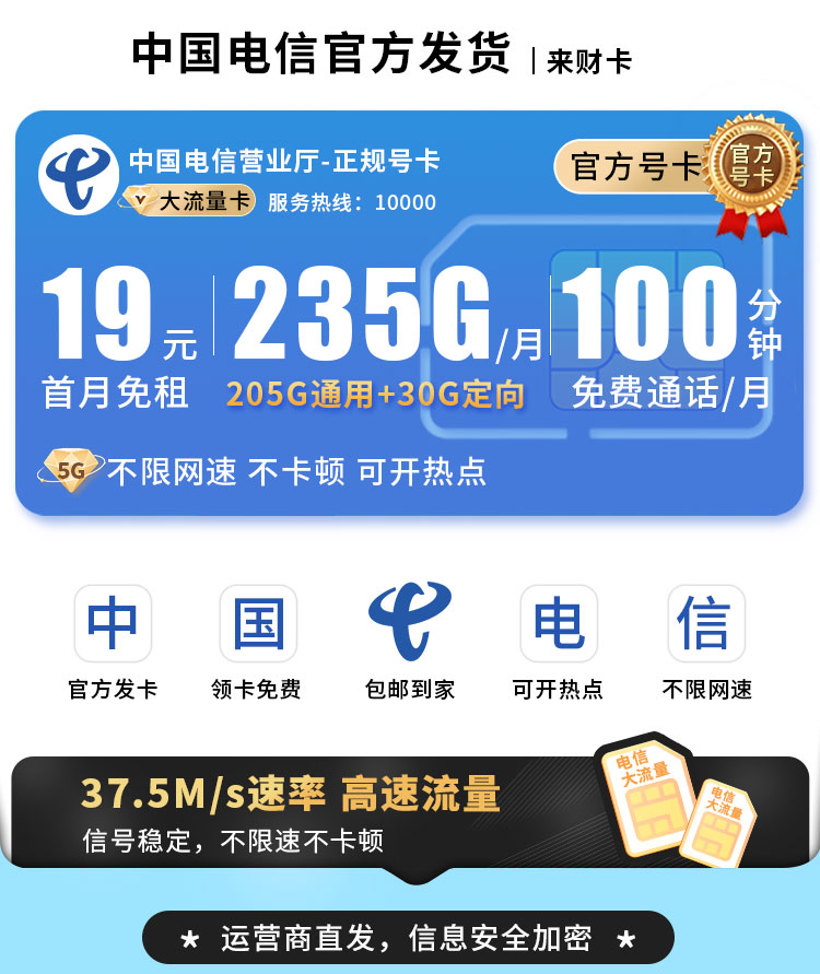 卡世界推荐：电信来财卡19元235G+100分钟  第1张