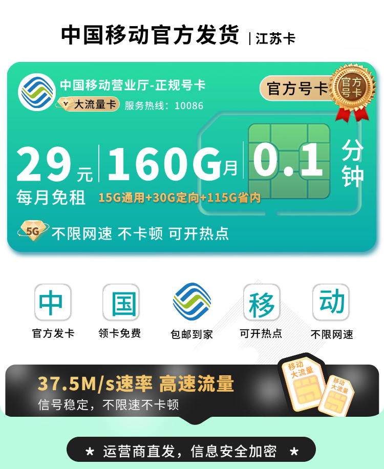 卡世界推荐：移动江苏卡29元160G流量  第1张