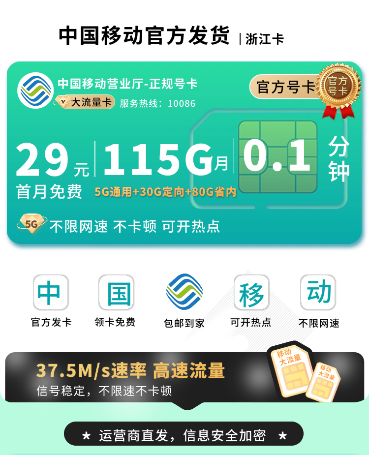 卡世界推荐：移动浙江卡29元115G流量  第1张