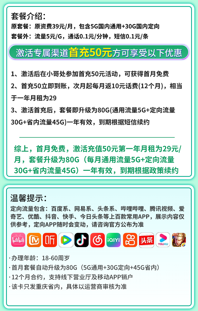 卡世界推荐：移动重庆卡29元80G流量  第2张