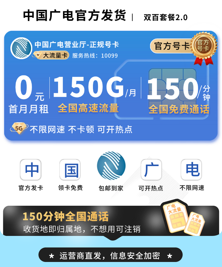 卡世界推荐：广电双百卡2.0版24元150G流量+150分钟+支持结转  第1张