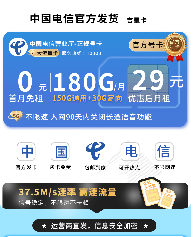 卡世界推荐：电信吉星卡29元180G流量+长期套餐  第1张