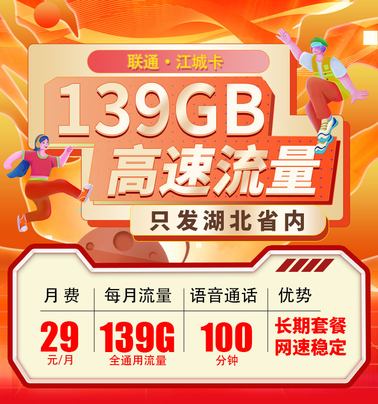 卡世界推荐：联通江城卡29元139G流量+100分钟  第1张