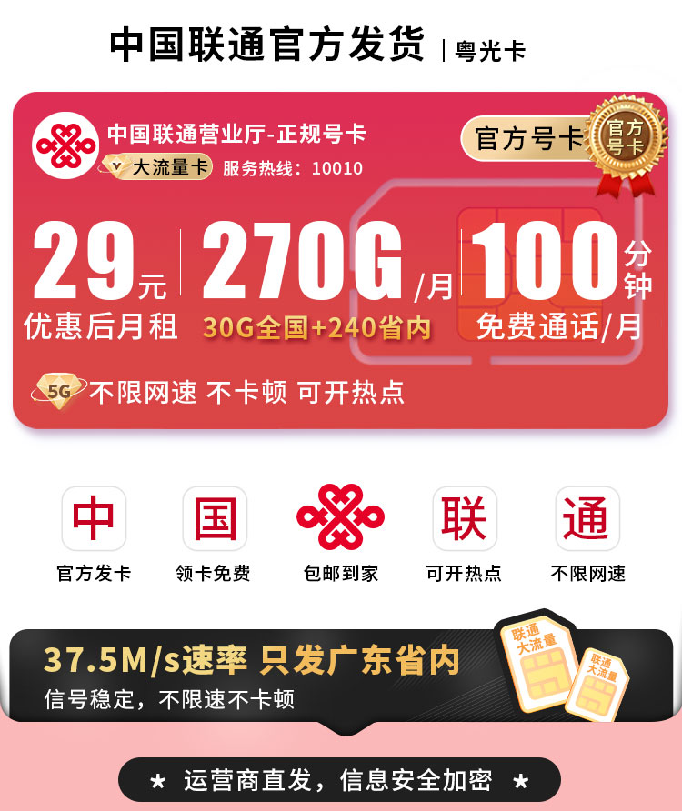 卡世界推荐：联通粤光卡29元270G+100分钟  第1张
