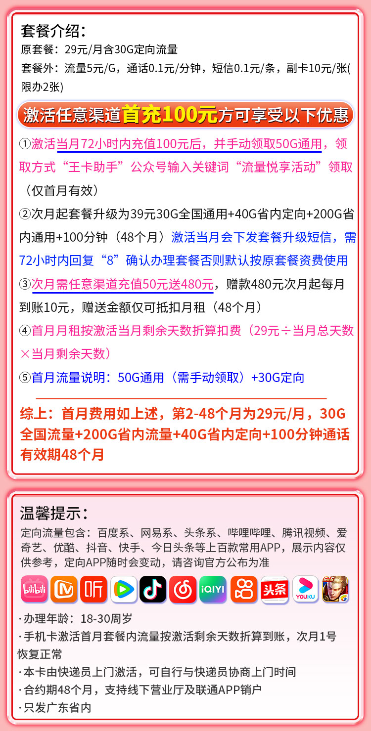 卡世界推荐：联通粤光卡29元270G+100分钟  第2张