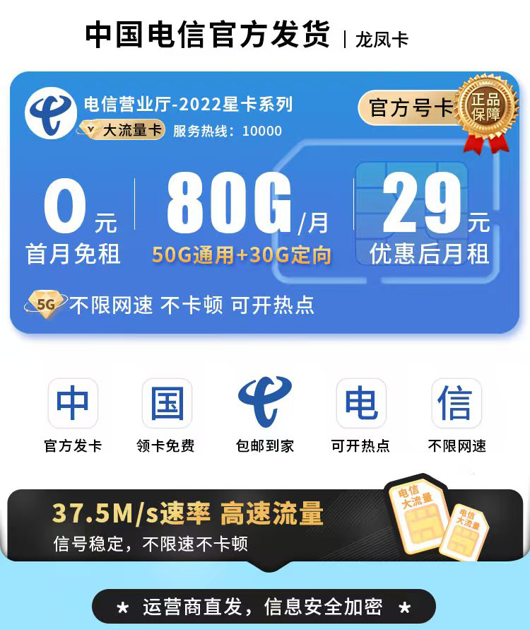 卡世界官方最新推荐：电信龙凤卡29元80G流量+可选号  第1张