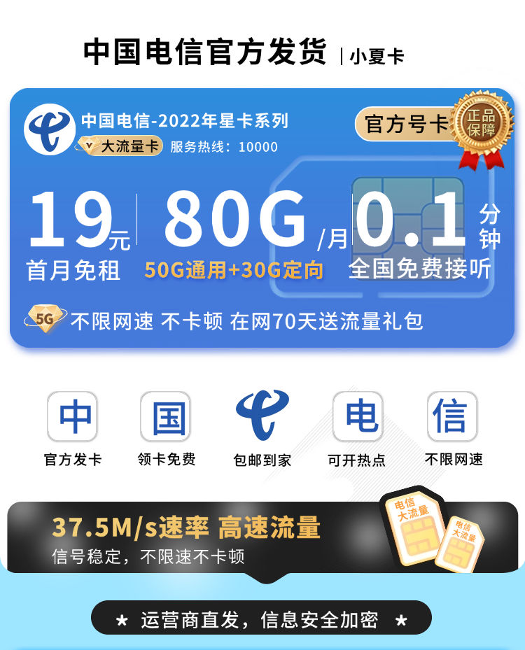 卡世界官方最新推荐：电信小夏卡19元80G流量  第1张