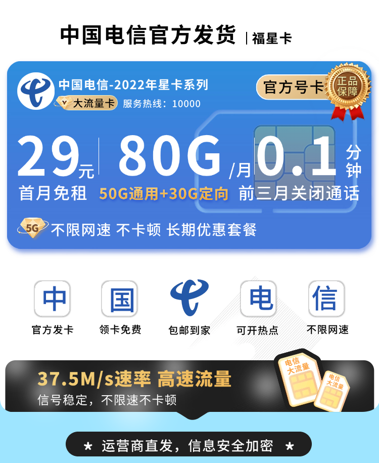 卡世界官方最新推荐：电信福星卡29元80G流量+长期套餐  第1张