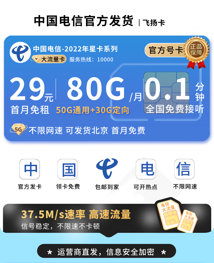 卡世界官方最新推荐：电信飞扬卡29元80G流量+可发北京  第1张