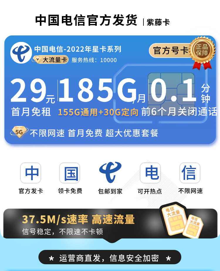 卡世界官方最新推荐：电信紫藤卡29元185G全国通用流量  第1张