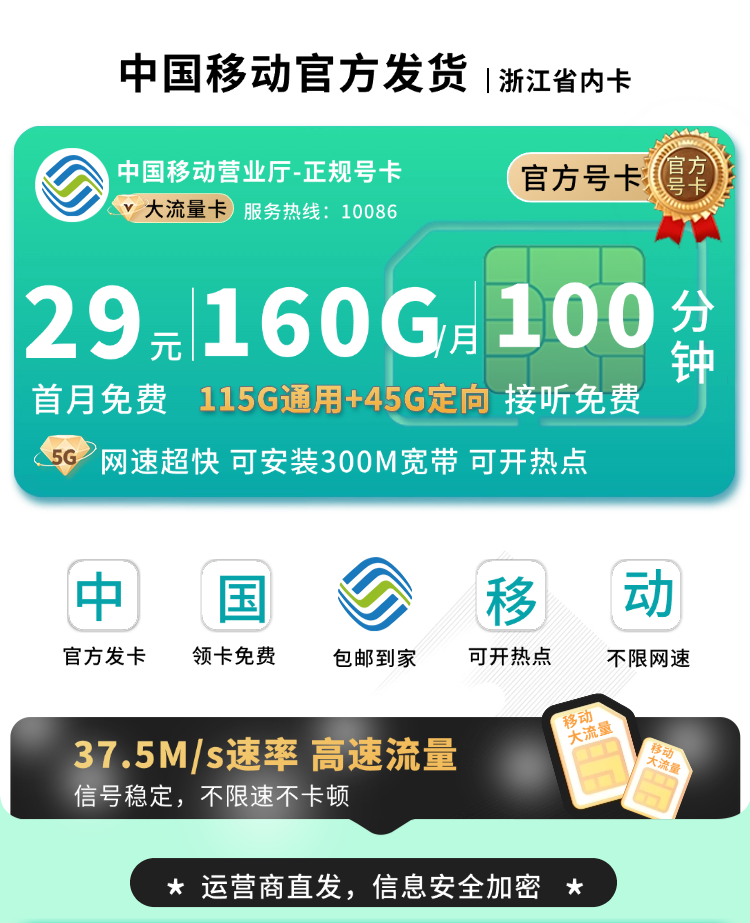 卡世界官方最新推荐：移动浙江卡29元160G流量+100分钟+300M宽带+浙江专属  第1张