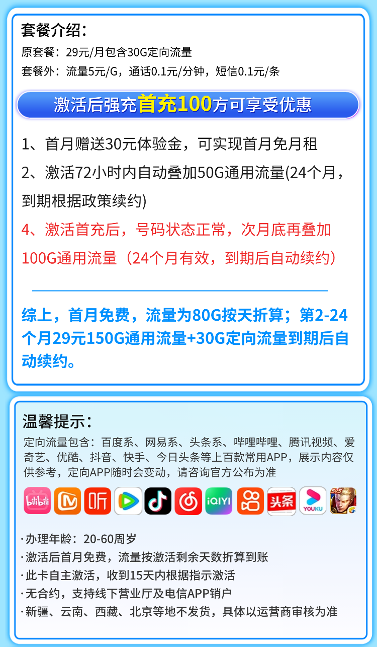 卡世界官方最新推荐：电信零星卡29元180G全国流量  第2张