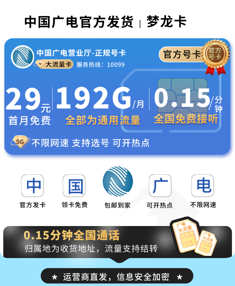卡世界官方最新推荐：广电梦龙卡29元192G通用流量+可选号+流量结转  第1张