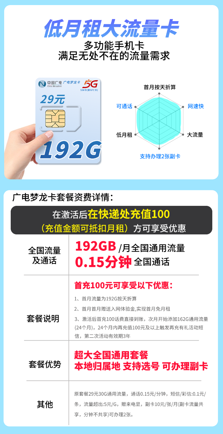 卡世界官方最新推荐：广电梦龙卡29元192G通用流量+可选号+流量结转  第2张