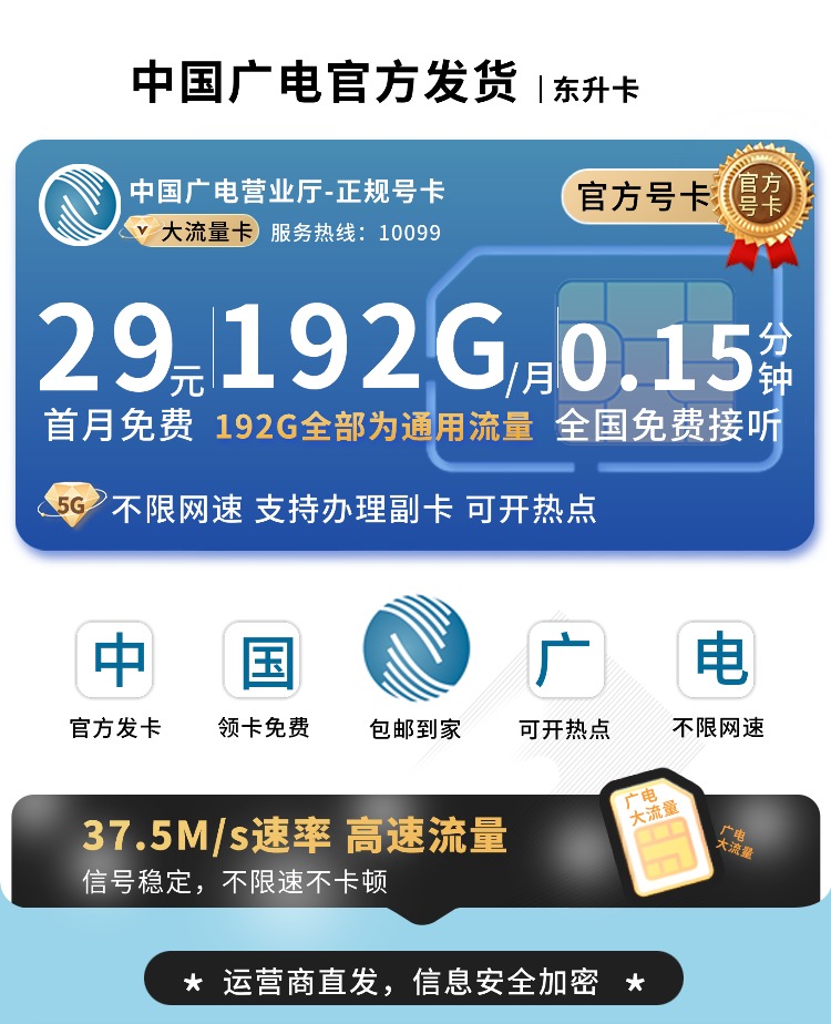 卡世界官方最新推荐：广电东升卡29元192G通用流量  第1张