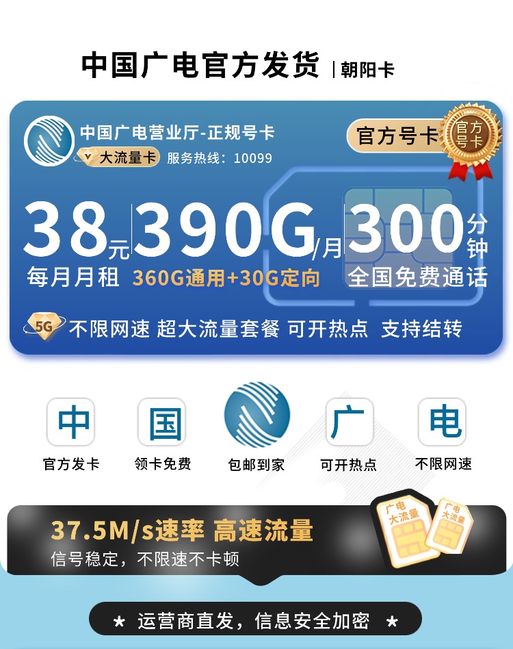 卡世界官方最新推荐：广电朝阳卡38元390G流量+300分钟  第1张