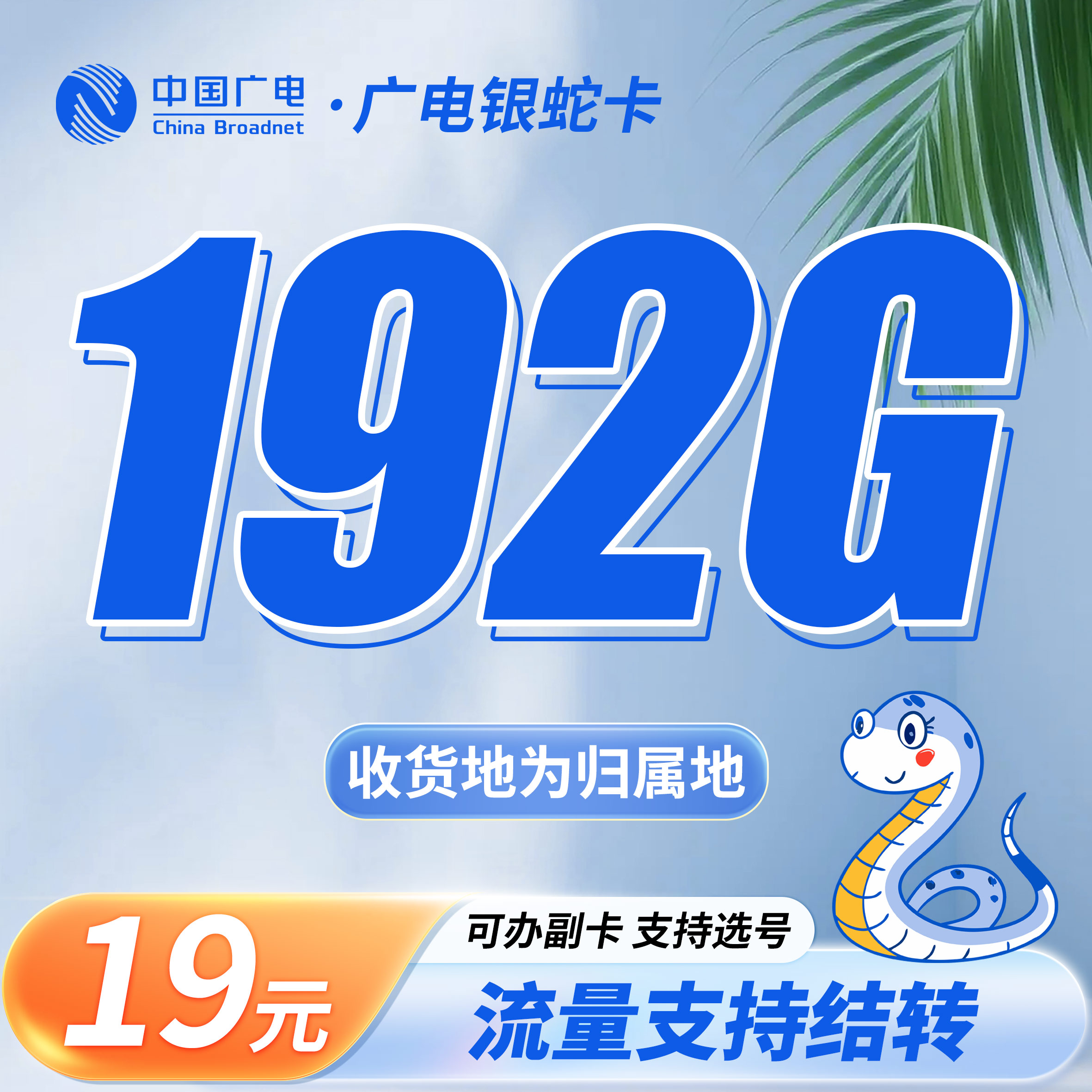 卡世界官方最新推荐：广电银蛇卡19元192G通用流量